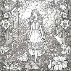 Coloring pages of an enchanted garden, black and white, generative Al 