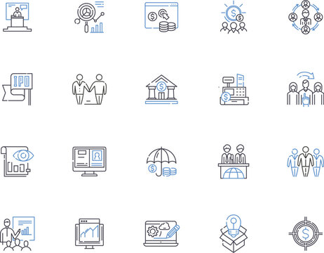 Wealth management outline icons collection. Wealth, Management, Investment, Retirement, Planning, Savings, Portfolio vector and illustration concept set. Financial, Insurance, Strategies linear signs