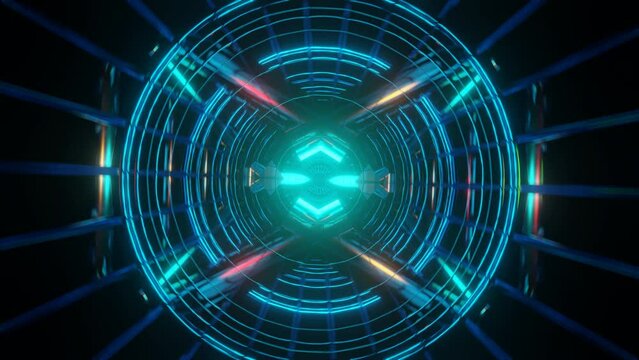 Trippy and mesmerizing VJ background with colorful flashing lights and sci-fi elements in a seamless loop.