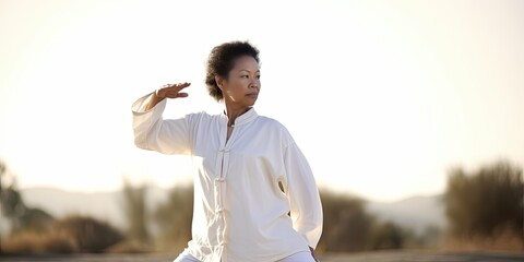 woman practicing Tai chi in the park on a warm day