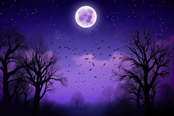 Fototapeta na wymiar a night scene with trees and birds flying in the dark purple sky, as if there is a full moon. Generative AI