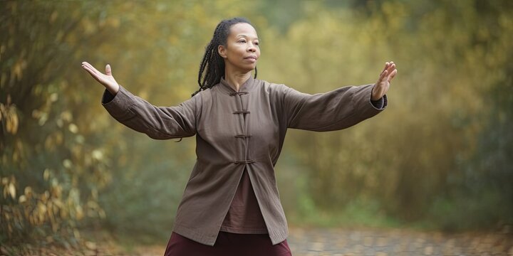 woman practicing Tai chi in the park on a warm day, generative AI