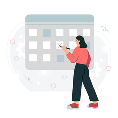 Cartoon character of young woman planning her working schedule. Process of developing effective time management strategy. Making calendar schedule. Vector