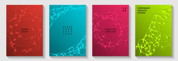 Gorgeous music party flyers. Linked curve lines blockchain textures. Creative banner vector layouts. Electronic music party posters set fluid wavy graphic design.