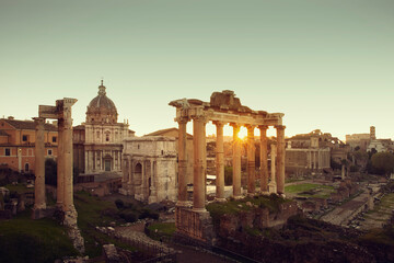 Panorama of Roman Forum at sunrise in Rome city, Italy