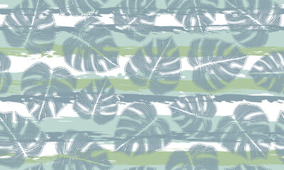 Ceriman jungle foliage floral seamless pattern over stripes background.