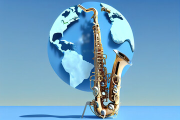 Saxophone and earth for artwork jazz or blues music on light blue 3d illustration. Generative Ai