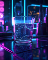 Future neon tech with a glass of water