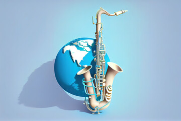 Music planet. Planet earth and musical instruments. Harmony concept. Generative Ai