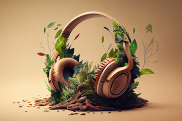 Headphones lie near a fallen tree overgrown with moss and mushrooms in a wild forest. Generative Ai