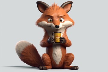 Obraz premium Cartoon fox holding a coffee cup is adorable. Generative AI