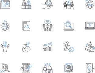 Wealth management outline icons collection. Wealth, Management, Investment, Retirement, Planning, Savings, Portfolio vector and illustration concept set. Financial, Insurance, Strategies linear signs