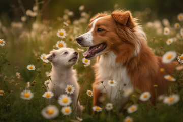 Mother dog and puppy in the park