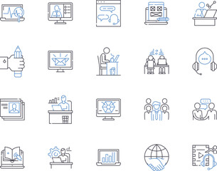 Management and workflow outline icons collection. Workflow, Management, Planning, Organization, Process, Strategies, Efficiency vector and illustration concept set. Coordination, Automation