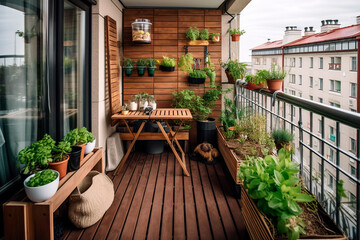 urban balcony garden. organic vegetable gardening in the city. Generative ai illustration