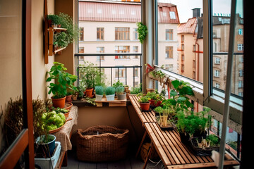 Fototapeta na wymiar urban balcony garden organic vegetable gardening in the city. Generative ai illustration