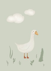 Cute boho poster with a goose on a soft green background in a minimalist style 