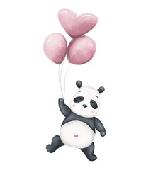 Naklejka premium Cute panda flying on pink balloons on white background