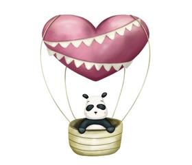 Cute panda on a balloon with a pink heart and white flags 