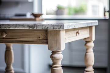 Obraz premium Close-up of an antique table top or shelf in a contemporary kitchen with an island and stools, parquet flooring, potted plants, and white architecture. Generative AI