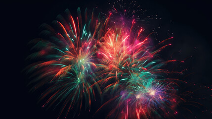 Fototapeta premium Celebration multicolored fireworks, copy space. 4 of July, 4th of July, Independence Day beautiful fireworks. Canada Day holidays salute. New Year celebration colorful fireworks.