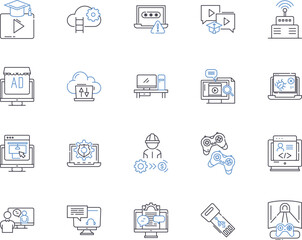 Digital devices outline icons collection. Digital, Devices, Technology, Electronics, Laptops, Phones, Tablets vector and illustration concept set. IoT, AI, Software linear signs