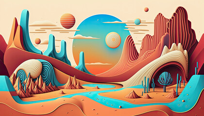 Beautiful generative AI illustration of simple layered vector style landscape surreal fantasy art with lovely pastel vibrant colours