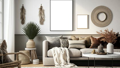 Generative AI illustration of modern casual bohemian style boho living room interior with empty picture frames on walls