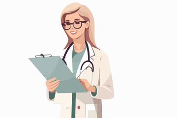 woman doctor holds a medical record and smile on a white background, vector flat illustration, Medical concept, Health сare сoncept
