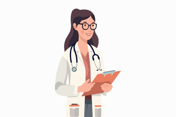 woman doctor holds a medical record and smile on a white background, vector flat illustration, Medical concept, Health сare сoncept
