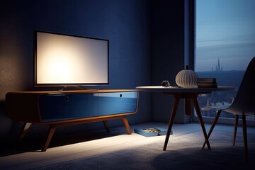 contemporary living room furnishings, a dark-blue TV cabinet. Generative AI - obrazy, fototapety, plakaty