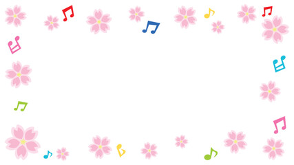 Obraz na płótnie Canvas 桜の花びらと音符のシンプルフレーム(横長ワイド)