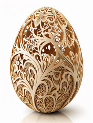 Easter egg with beautiful papercut ornament on white background. Wood carving, natural ornament.Generative AI illustration.