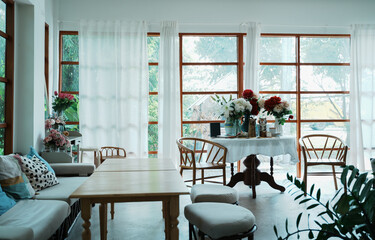 Interior living room, minimal style, Curtains and translucent windows for background and wallpaper.