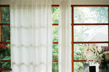 Interior living room, minimal style, Curtains and translucent windows for background and wallpaper.