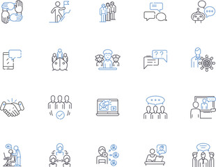 Supporting people outline icons collection. Aid, Assist, Backing, Boost, Bolster, Facilitate, Guiding vector and illustration concept set. Helping, Nourishing, Encouraging linear signs