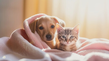 generative ai illustration of a puppy and a kitten with a pink blanket - obrazy, fototapety, plakaty