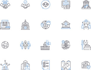 Government outline icons collection. Authority, Legislation, Bureaucracy, Democracy, Regulation, Rule, Security vector and illustration concept set. Economics, Politics, Law linear signs