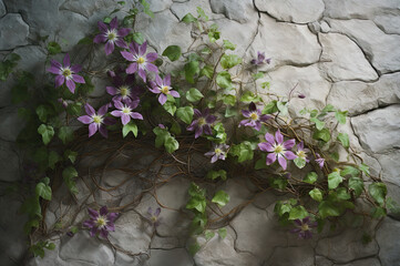 Clematis flowers grown on a stone wall created with Generative AI technology