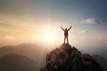 Conceptual image of a person standing at the top of a mountain, arms raised in triumph. Generative AI