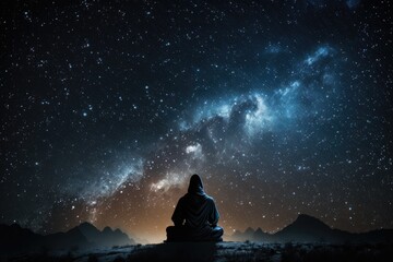 Naklejka na ściany i meble Silhouette of muslim man praying at night with starry sky