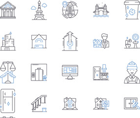 Housekeeping outline icons collection. cleaning, laundry, dusting, vacuuming, mopping, scrubbing, tidying vector and illustration concept set. organizing, polishing, sweeping linear signs
