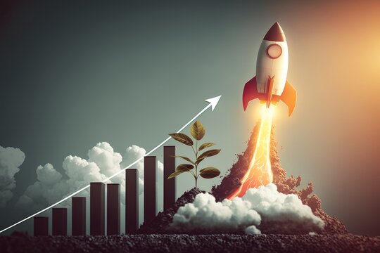 Growth concept with a chart and a rocket flying up. Generative AI