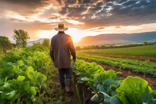 authentic image capturing a farmer from the back view tending to a thriving organic farm,highlighting the sustainable farming practices that promote healthy ecosystems and biodiversity - Generative AI