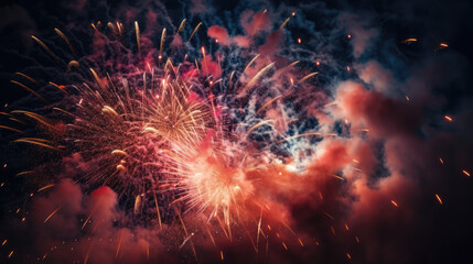 Celebration multicolored fireworks, copy space. 4 of July, 4th of July, Independence Day beautiful fireworks. Canada Day holidays salute. New Year celebration colorful fireworks.