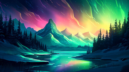 Beautiful aurora polar lights above icy glacier mountains and river in the cold north - 2d landscape illustration - Generative AI - obrazy, fototapety, plakaty