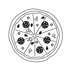 Large round pepperoni pizza with cheese monochromatic flat vector object. Homemade baked salami food. Editable thin line icon on white. Simple bw cartoon spot image for web graphic design, animation