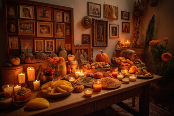some food on a table with candles and pictures in the wall behind it, all lit up by candlelight. Generative AI