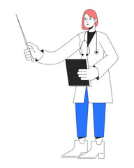 Female medical specialist holding pointer stick flat line color vector character. Editable simple outline full body person on white. Cartoon spot illustration for web graphic design and animation
