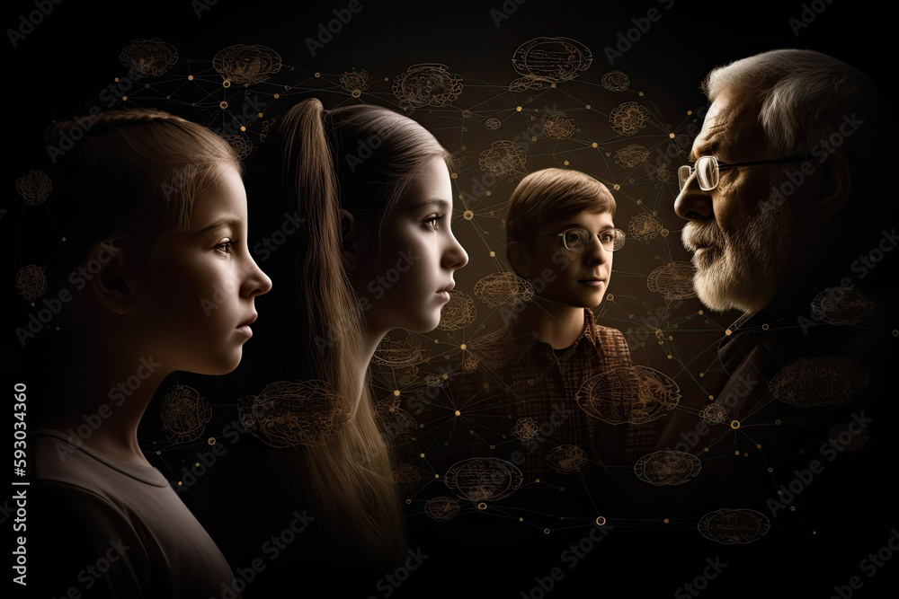 Wall mural Different generations of family stand together against dark abstract background. Genealogical history of generations, preservation of the memory of relatives. Created with Generative AI